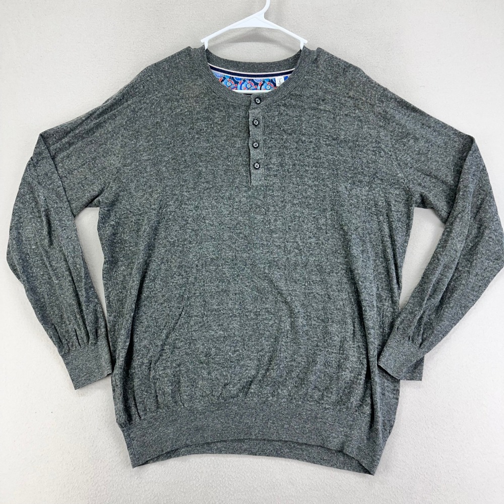 Robert Graham Henley Sweater Mens Large Grey Linen Blend Long‎ Sleeve Knit
